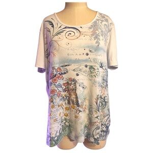 Vintage 1990s Kitten Floral Sequined Graphic Women's T Shirt XXL